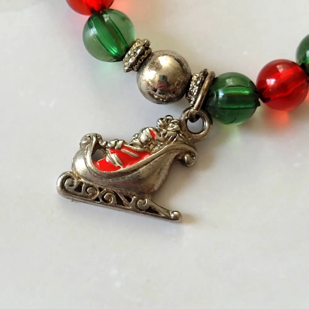 Vintage Christmas Xmas Holiday Bead Charm Stretchy Bracelet Stocking Stuffer Red - Image 5