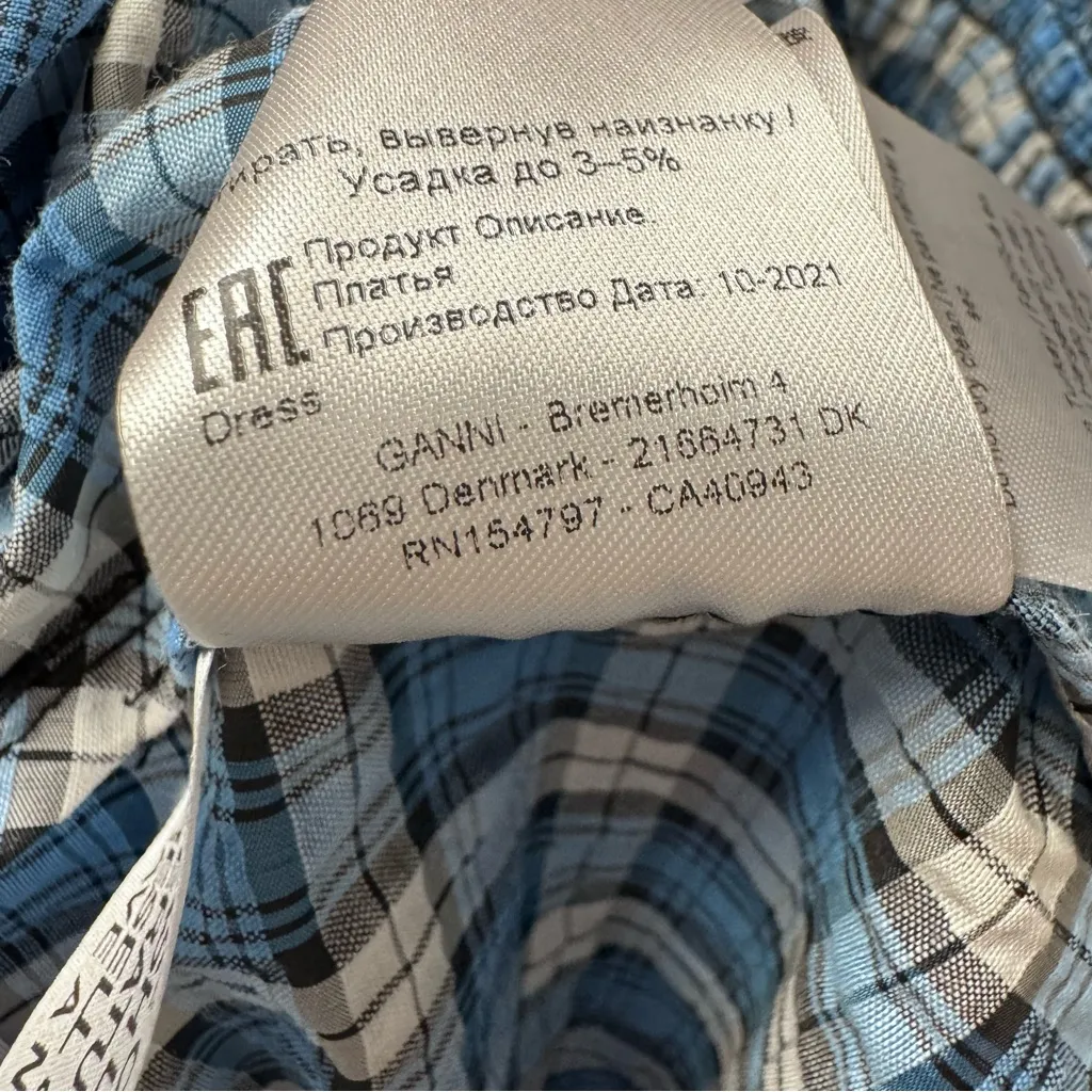 Ganni Shirred Checkered Cotton Blend Seersucker Gingham Midi Dress Blue 34 - Image 11