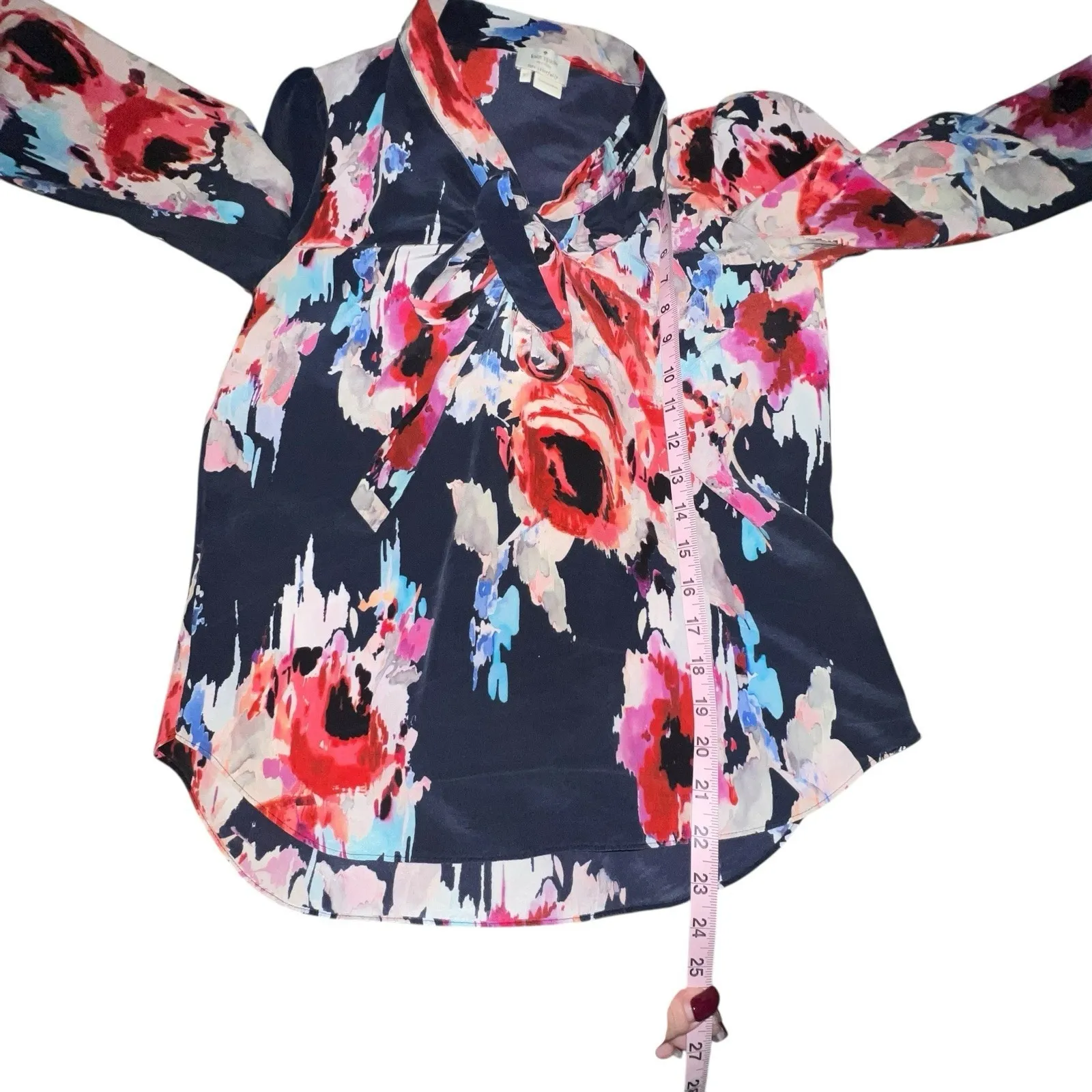 Kate Spade Womens Sz XS 100% Silk Blouse Blue Watercolor Floral Print Tie Neck - Image 7