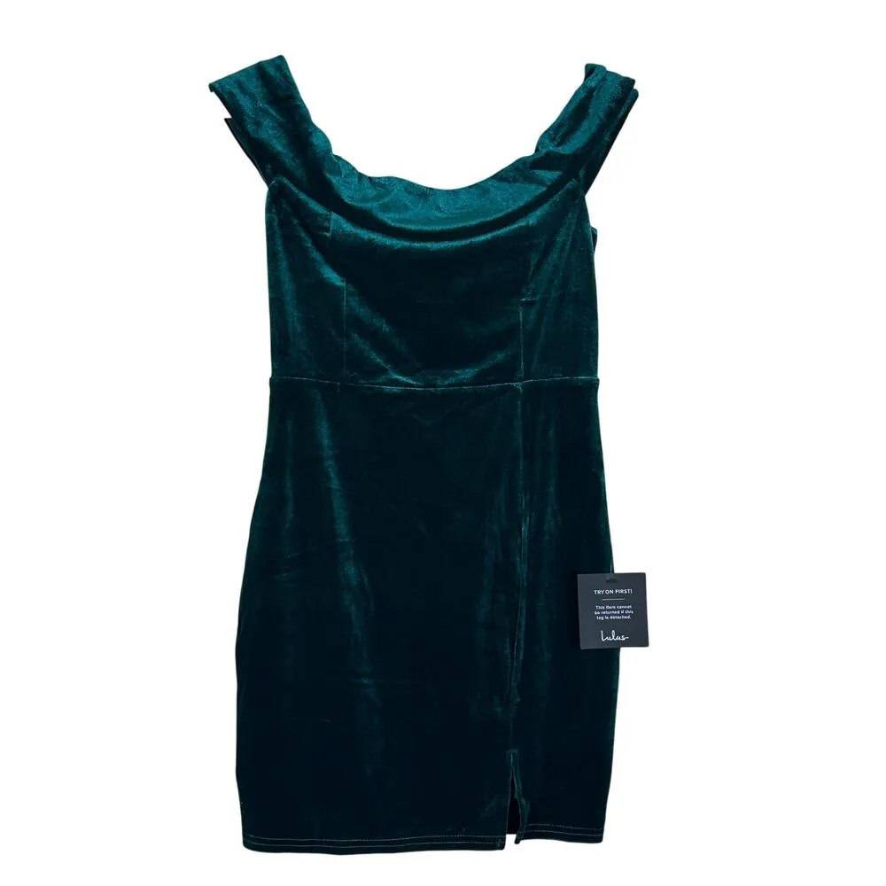 NWT Lulus Essence Dress Womens S Green Velvet Off Shoulder Party Glam Birthday - Image 2