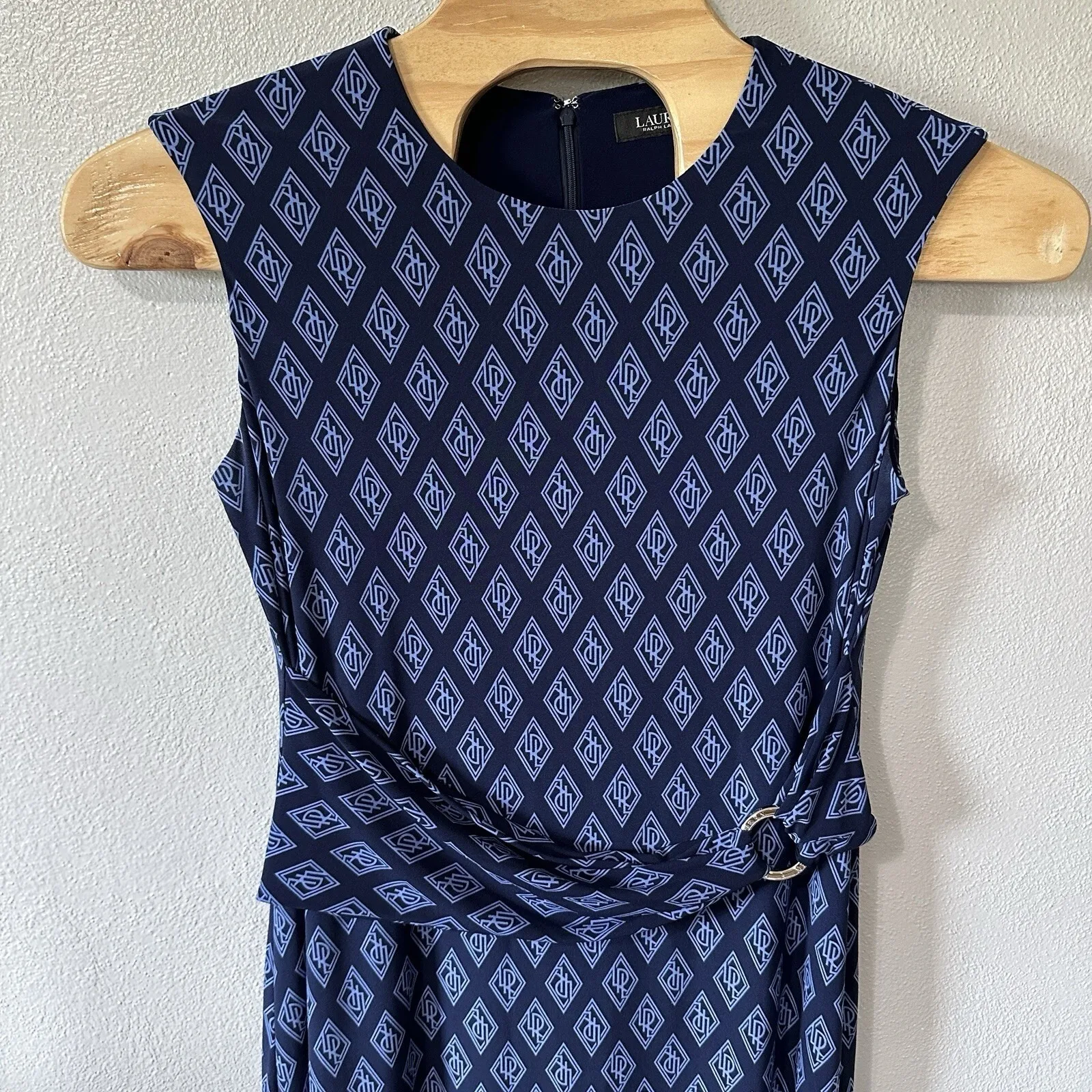 Lauren Ralph Lauren Black Label Size‎ 14 Navy Blue Monogram Print Dress Buckle - Image 2