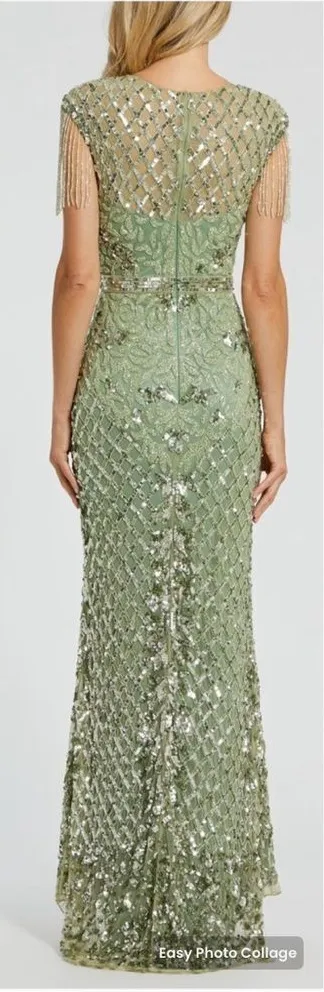 MAC DUGGAL 4908 Green High Neck Sleeveless Beaded Fringe Fitted Gown - Image 2