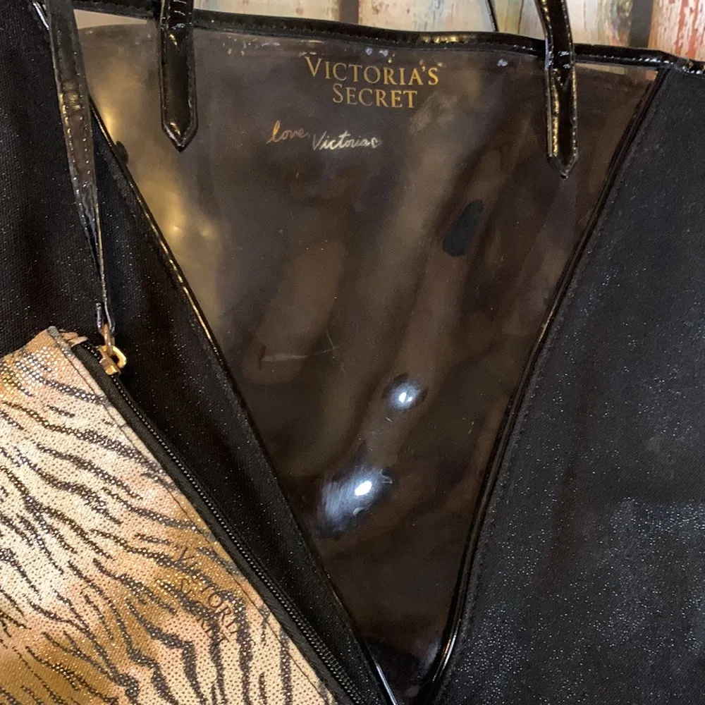 Victoria’s Secret Black Sparkly Tote Bag with Leopard Change Purse Inside - Image 2