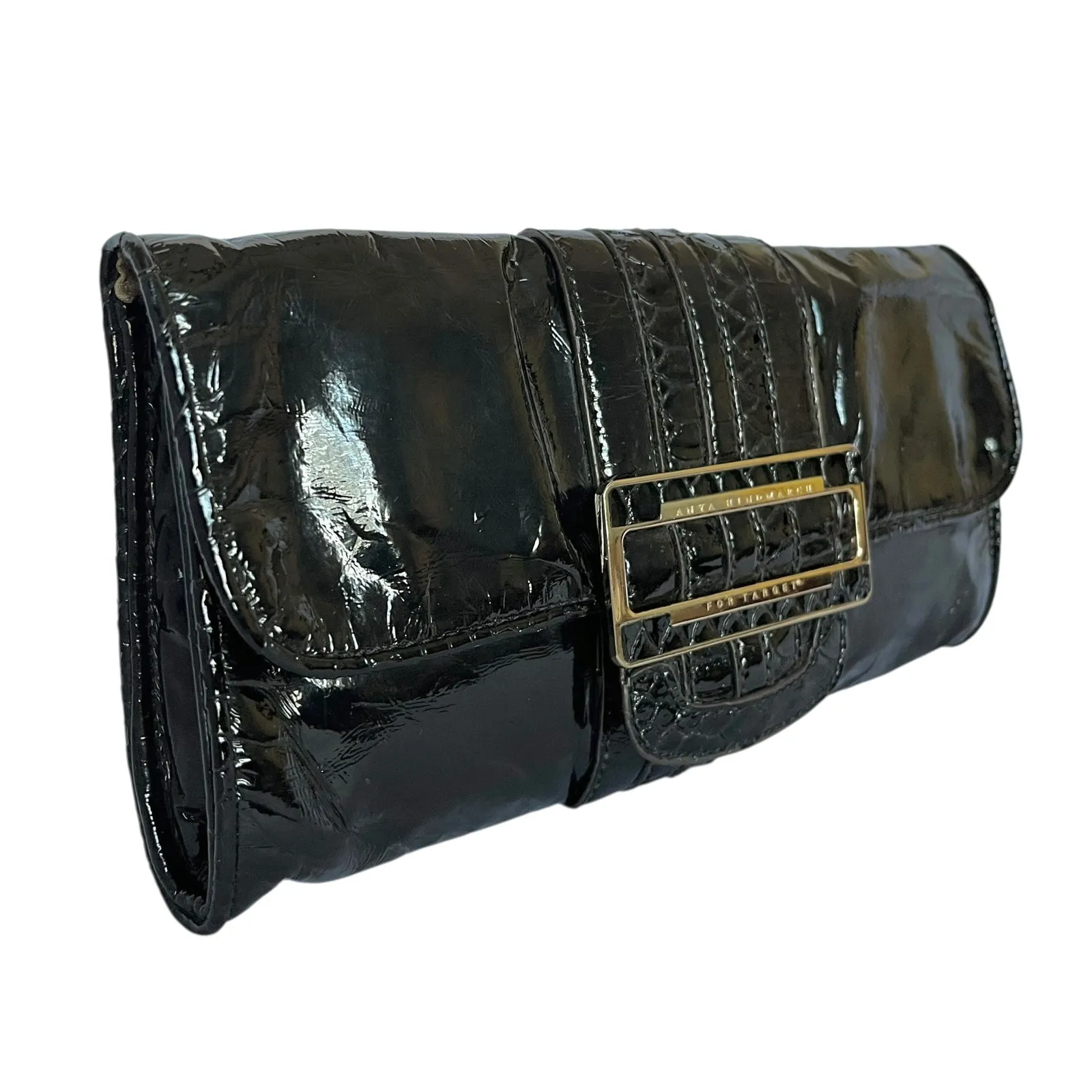 Y2K Anya Hindmarch x Target Black Patent Faux Leather Buckle Clutch Evening Bag - Image 9