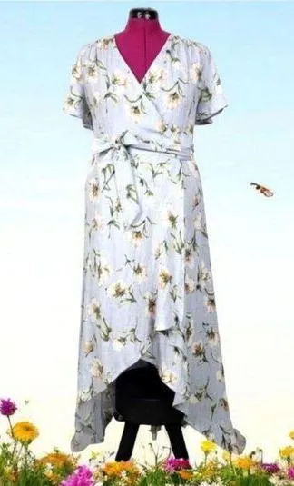 Promesa High-low Wrap Dress Light Blue Floral Asymmetrical Spring Summer Sz M - Image 2