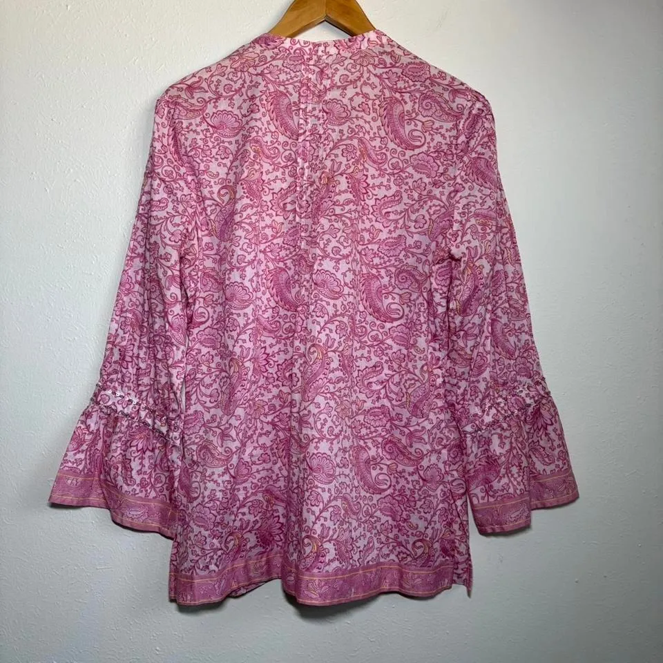 Robert Graham Women's Large Pink Paisley Beaded Tunic Top Boho V-Neck Artsy - Image 4