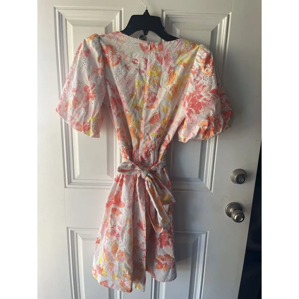 Eliza J  Floral Eyelet Square Neckline Puff Sleeve Mini Fit and Flare Dress Sz 2 - Image 5