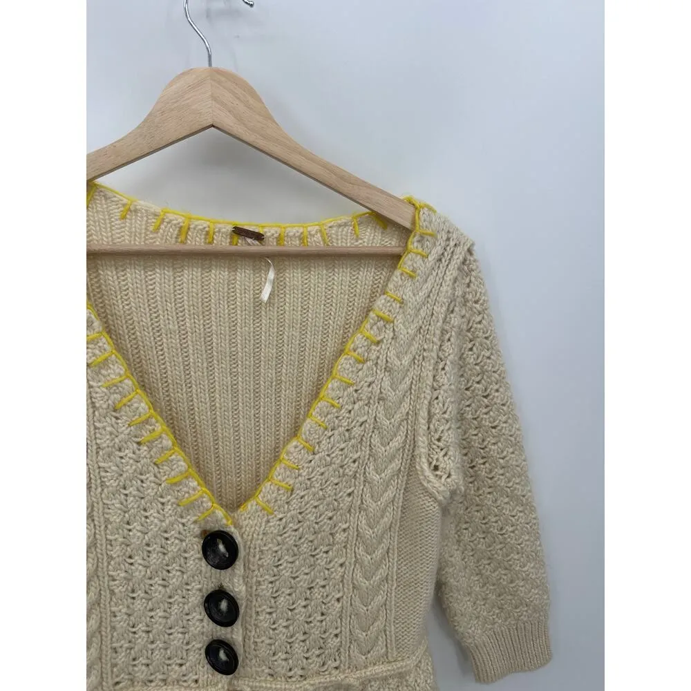 Free People Cardigan Sweater Women Medium Cream Yellow Knit Babydoll Wool Blend - Image 5