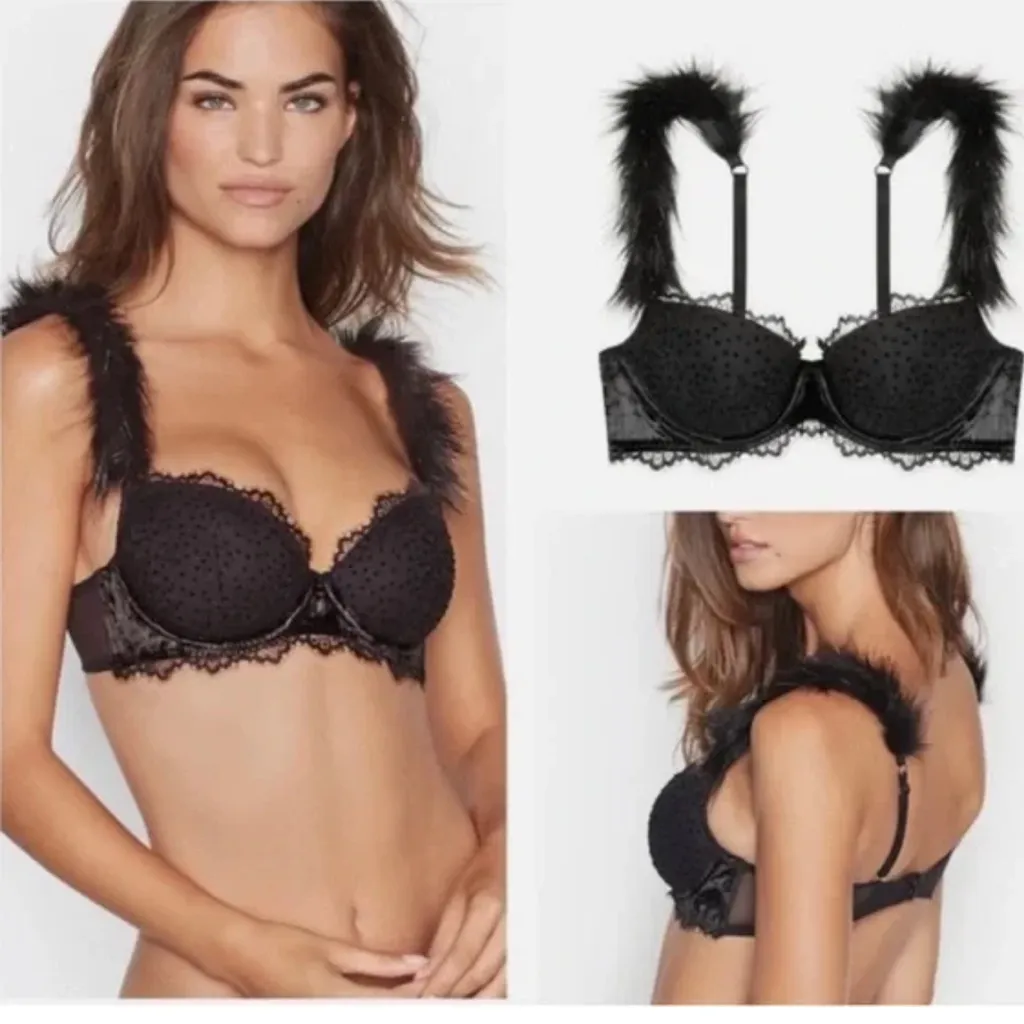 Victoria's Secret Dream Angels Lined Demi Faux Fur Strap Lace Black Bra 40DDD - Image 2