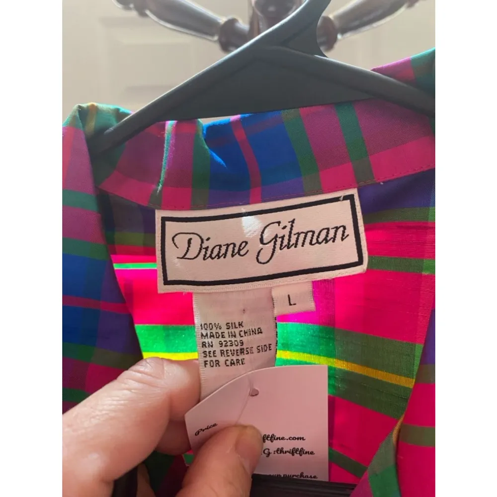 Women's Diane Gilman Pink Green Plaid Blouse Size L - Image 2