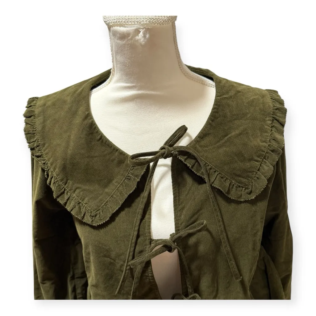 American Eagle Olive Corduroy Peplum Jacket Tie Front Ruffle Collar NWT M - Image 5