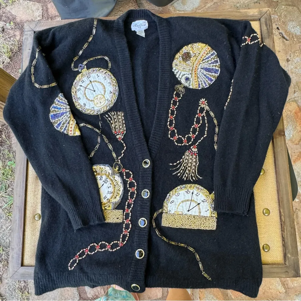 Vintage Raffia Angora Lambswool Cardigan Sweater Black Size M - Image 7