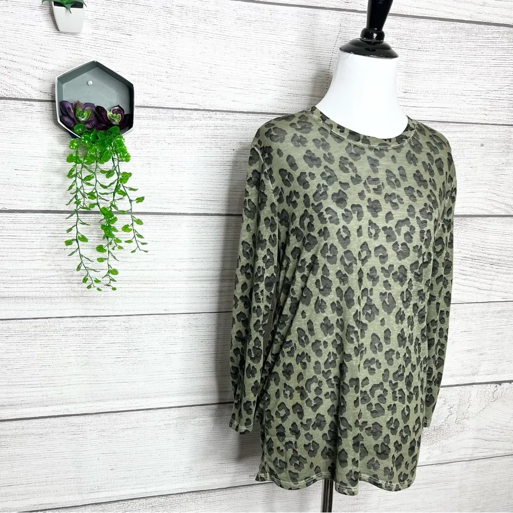 Lucky Brand Olive Green & Black Leopard Print Semi Sheer Long Sleeve Top Small - Image 4