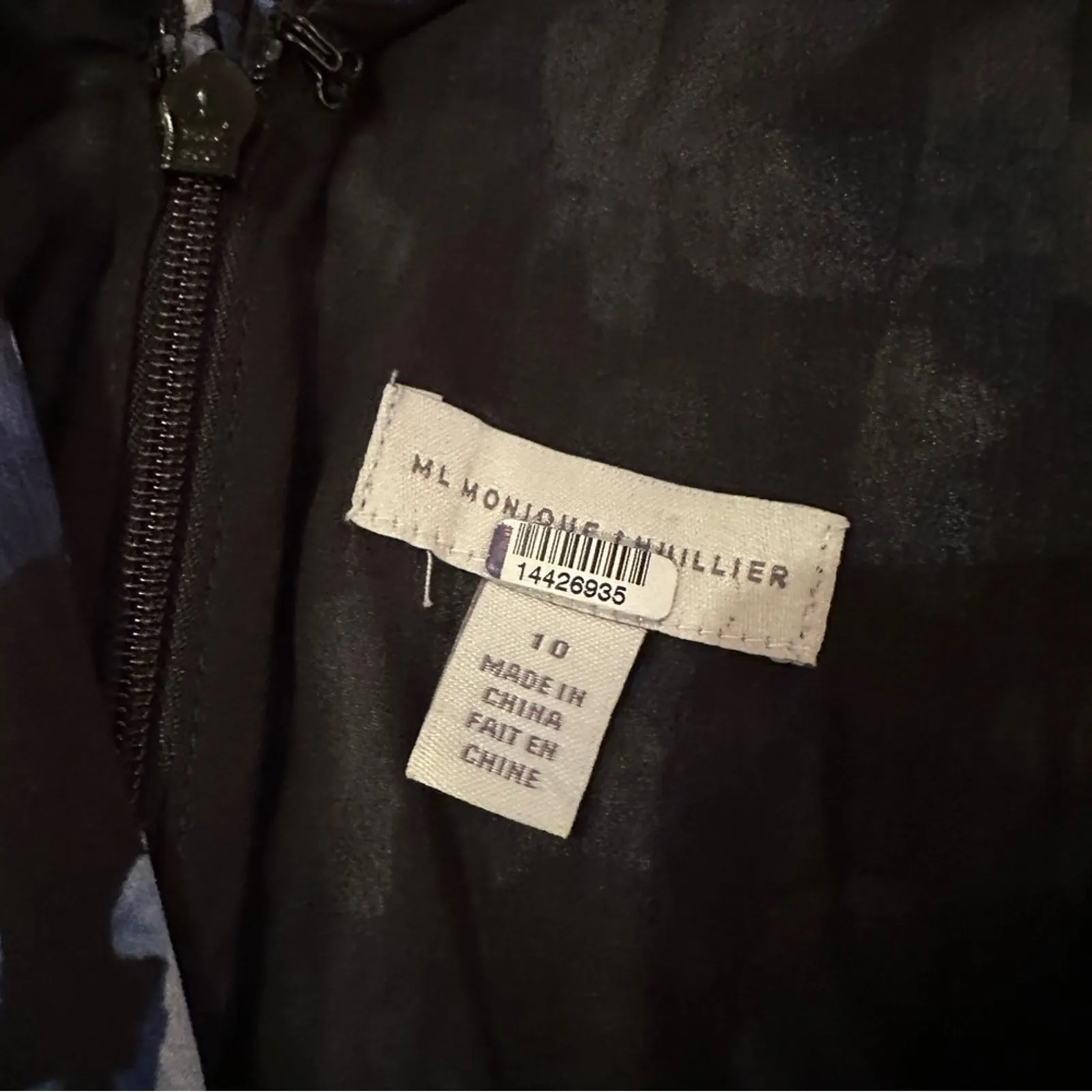 RTR ML Monique Lhuillier Melanie Black White & Blue Floral Maxi Dress Sz 10 - Image 6