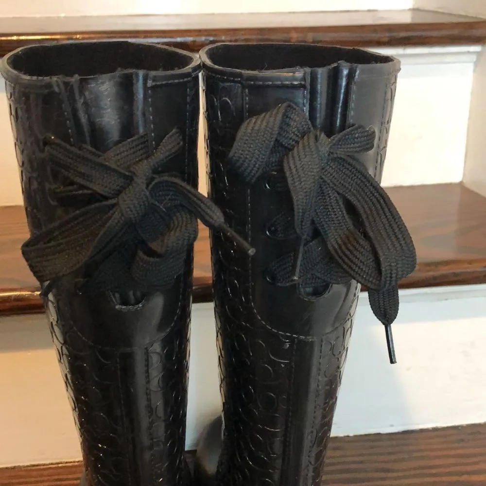 COACH Jacquard Signature C Laced Up Back Bow Heeled Black Rainboots Sz 9 - Image 11