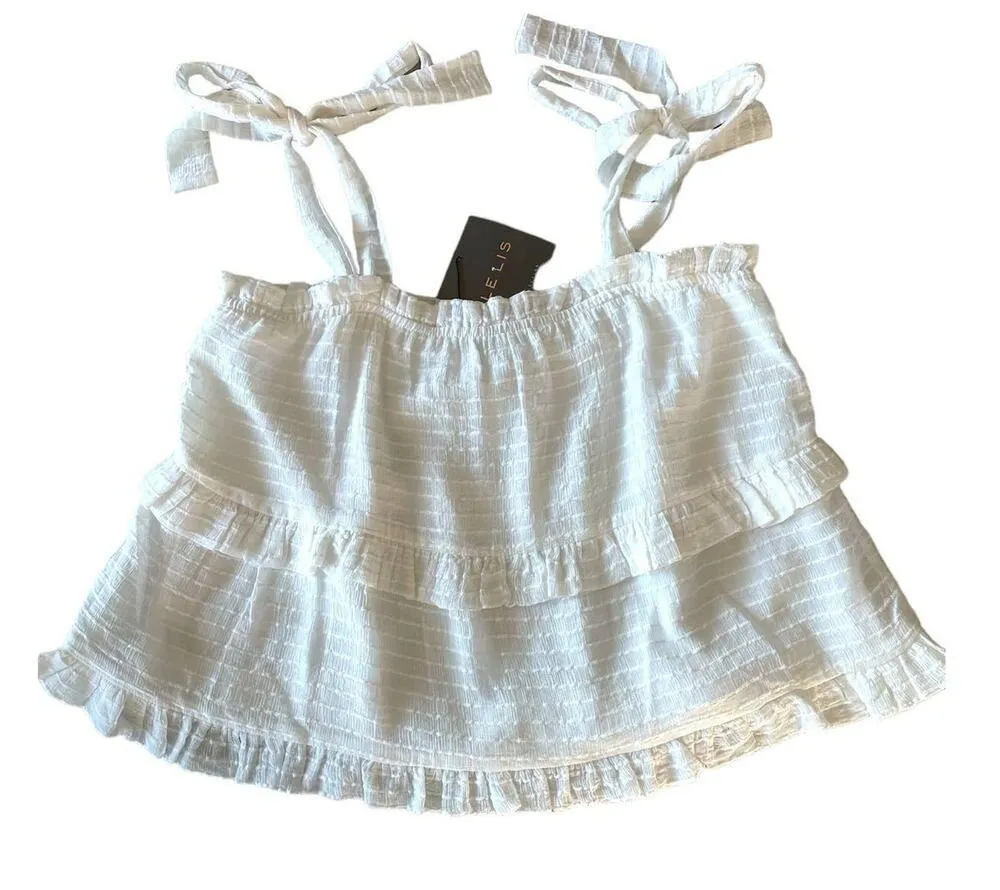 Le Lis White Ruffled Tie Tiered Lined Sleeveless Square Neck Tank Top - Image 4