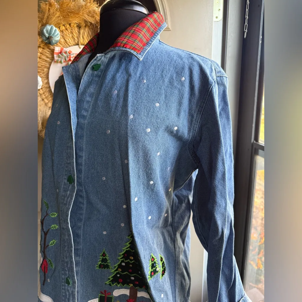Vintage Tantrums snowman tree velvet embroidered denim shirt, size large Blue - Image 7
