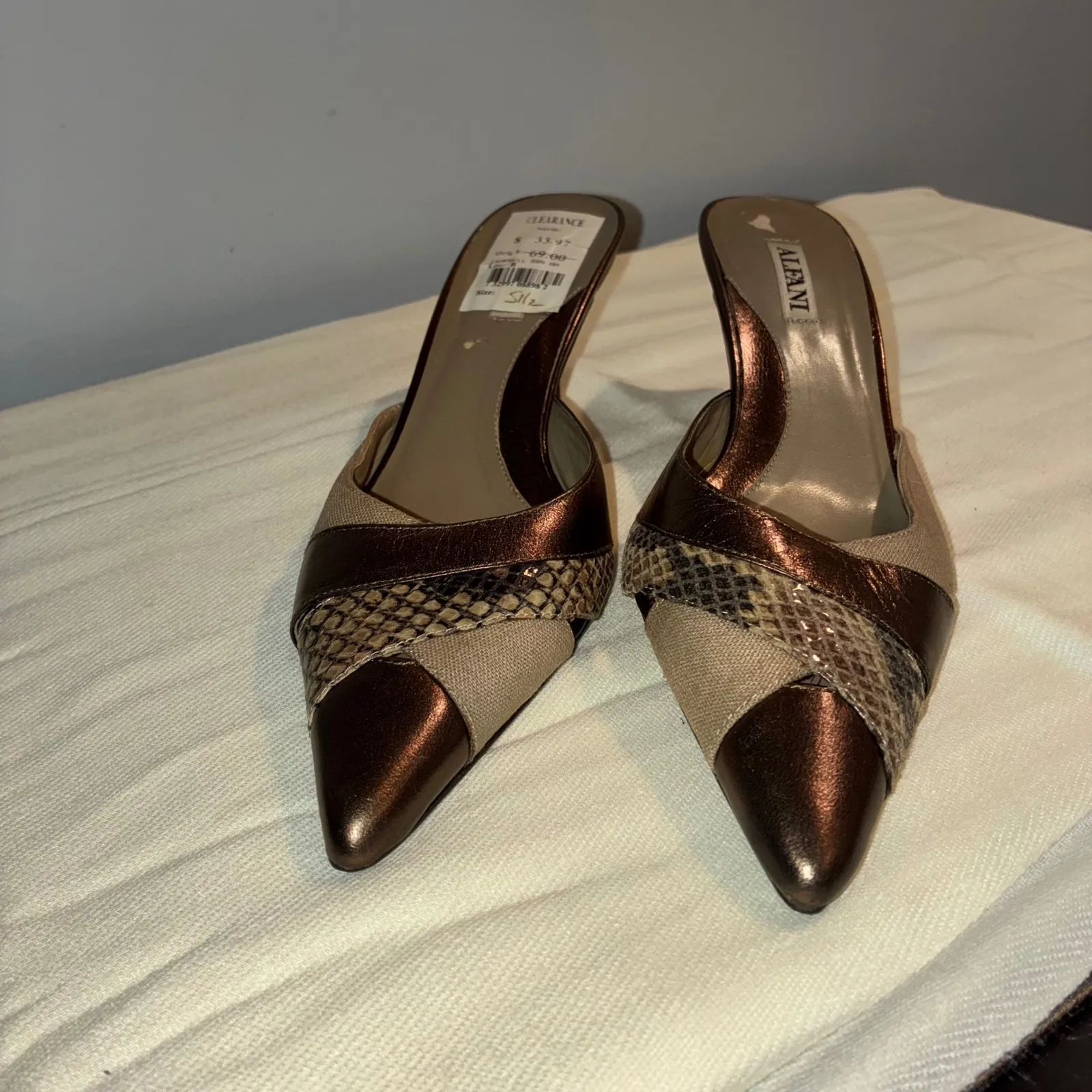 Alfani Campbell Woman5.5  Brown Snake Print Leather Mule Heels Pointed Toe Party - Image 5