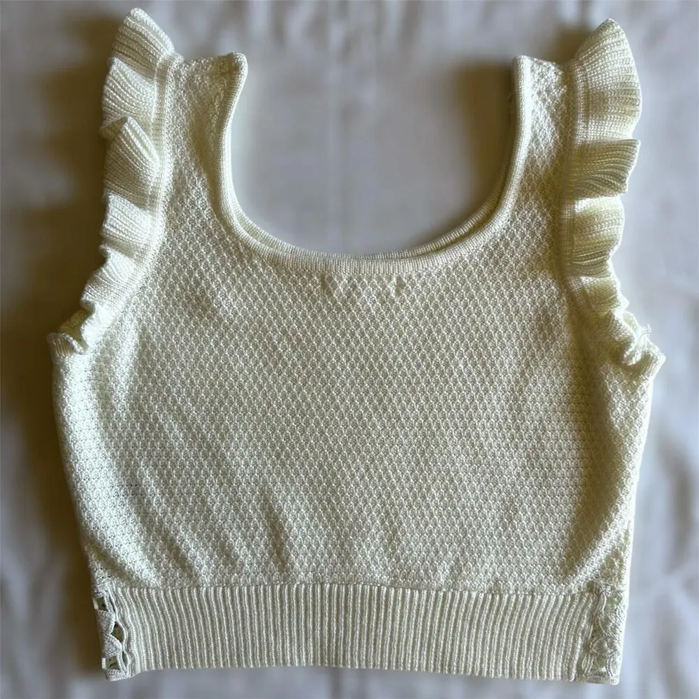 Madden NYC Cream Knit Tank W/ Ruffles & Floral Crochet Trim Sz L Coquette Fairy - Image 4