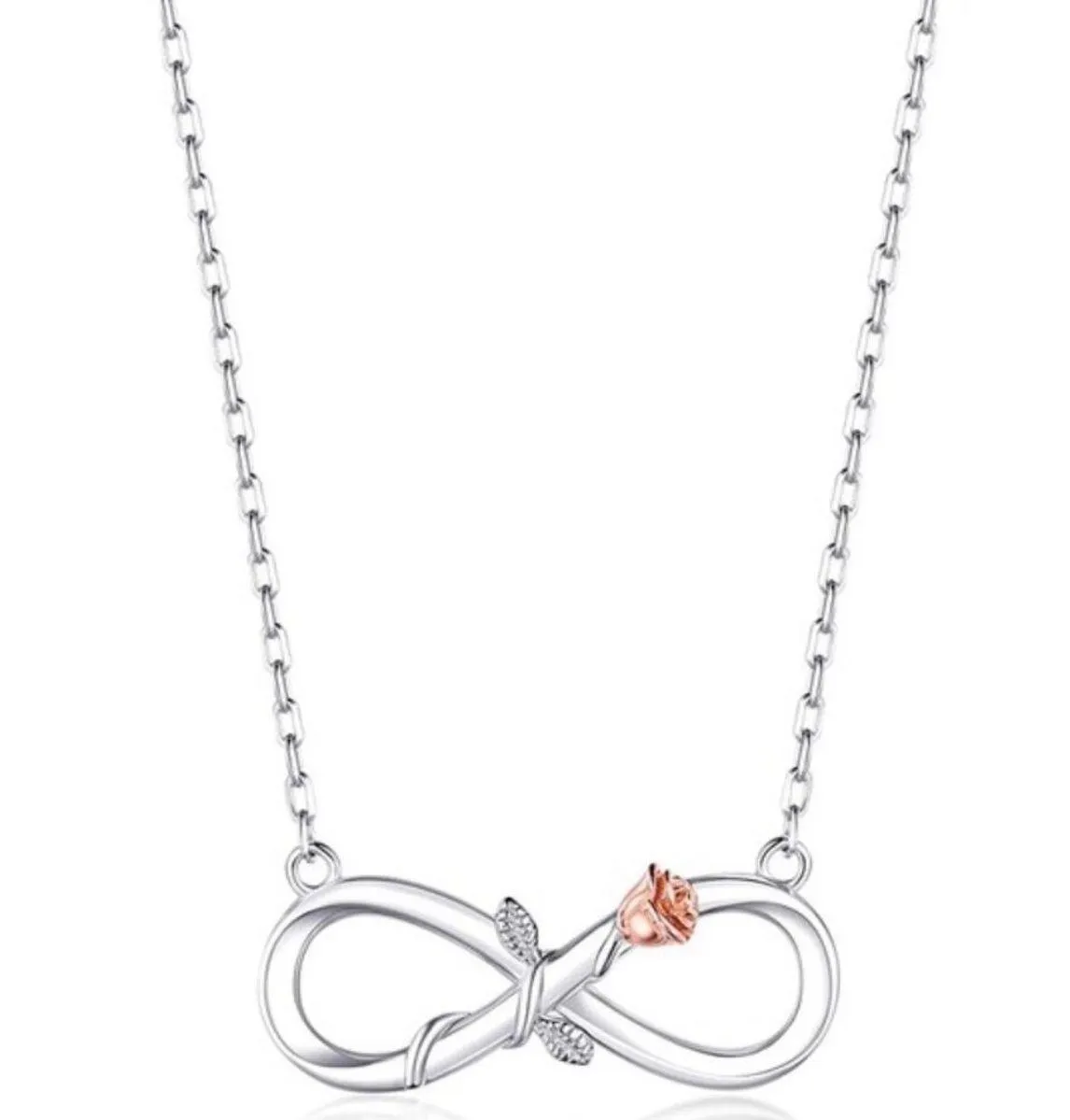 S925 Sterling Silver / Rose Gold Dainty Infinity Rose Flower Shaped Pendant Necklace - Image 2