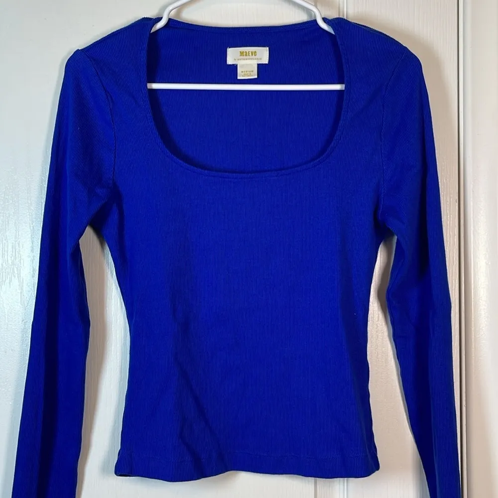 Maeve Anthropologie Blue Scoop Neck L/S Ribbed Blouse Shirt Medium EUC #0549-OC - Image 3