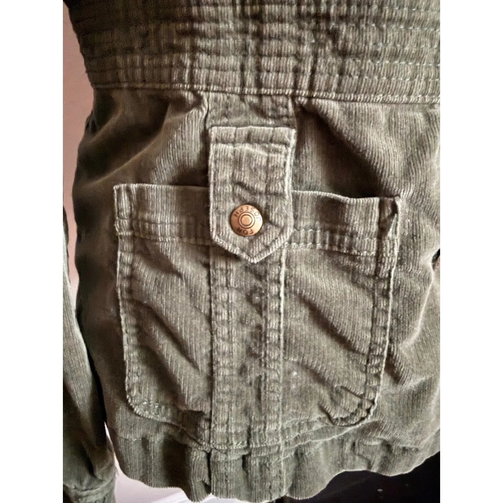 Womens Green Corduroy Jacket with Cream Hoodie Insert Military Style Size Medium - Image 7