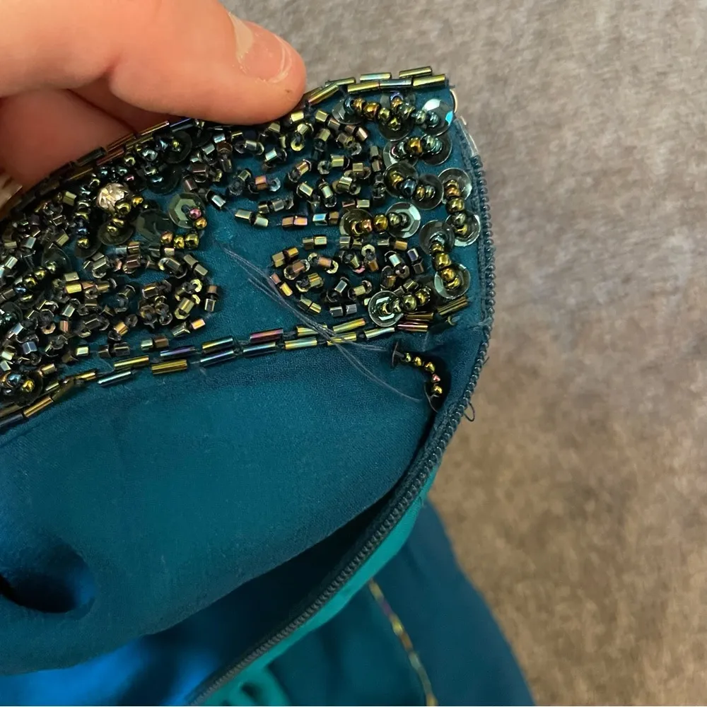 Cassandra Stone Vintage 100% Silk Teal Chiffon Wide Leg Pants with Beaded Waist Blue Size 6 - Image 4