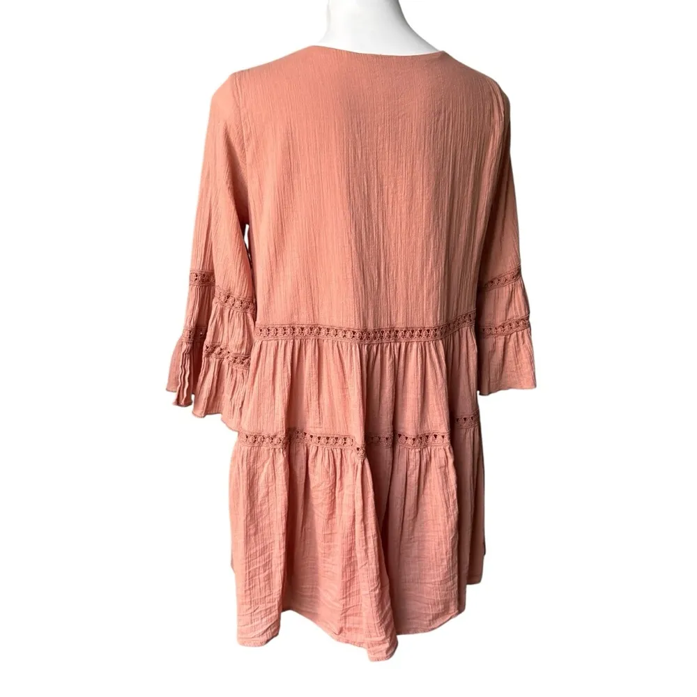 Listicle Boho V-Neck Tiered Bell Sleeve Cotton Mini Dress, Sz M - Image 2