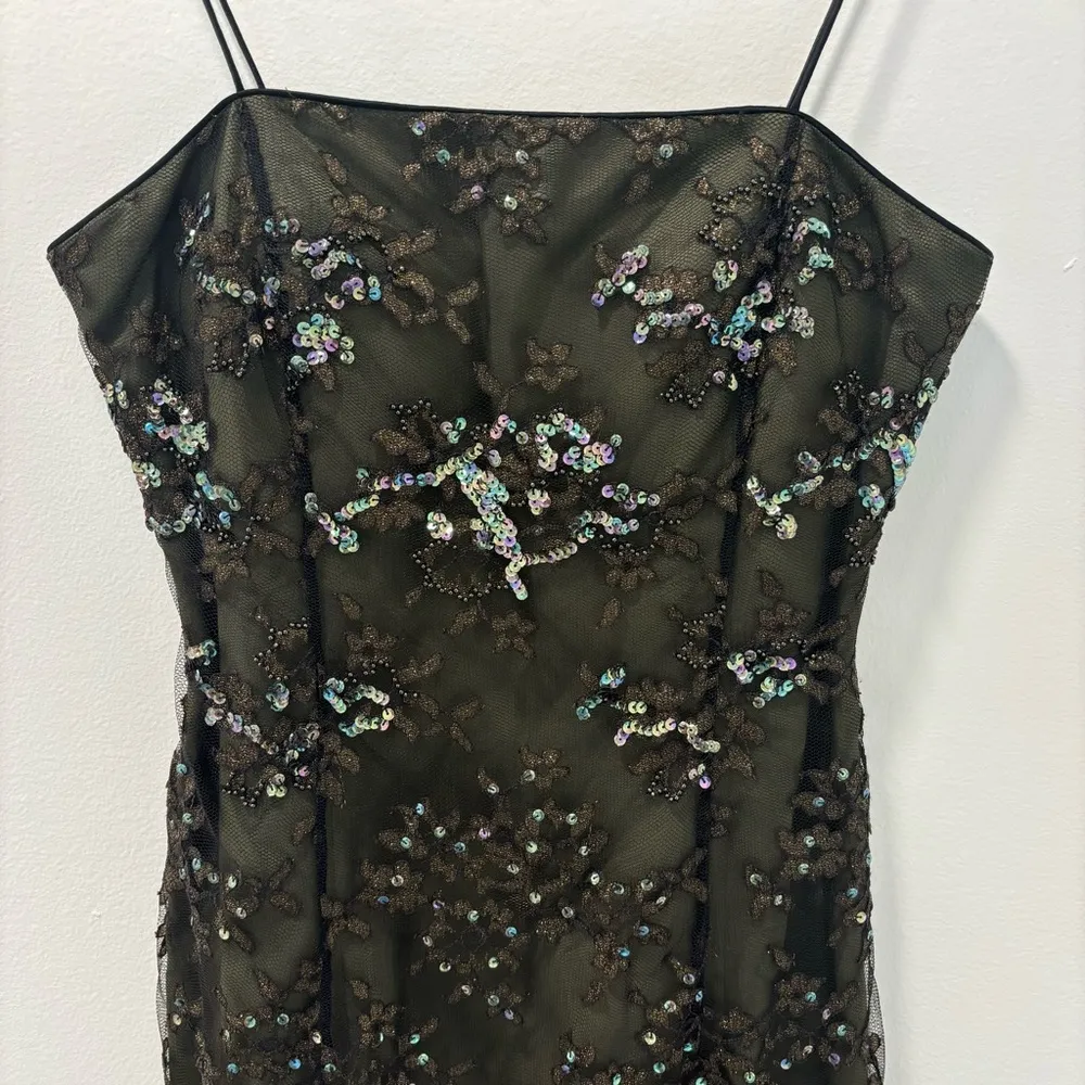 Rimini By Shaw Army Olive Green Sequins Embroidered Floral Mini Dress Formal Black Size 4 - Image 2