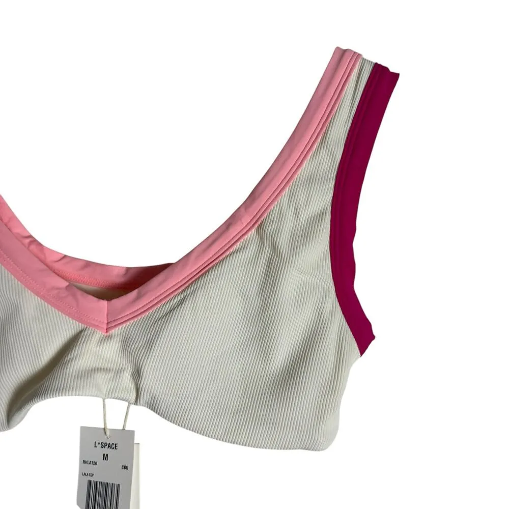 L*Space Lala White Pink Colorblock Sporty V-Neck Bikini Swimsuit Top Size M - Image 7
