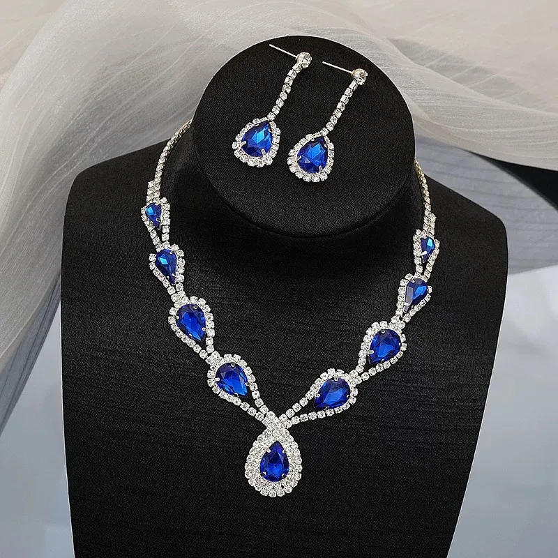 Bridal Wedding Jewelry Set Crystal Sapphire Bridesmaid Party Necklace Drop Dangle Earrings Set Silver - Image 2