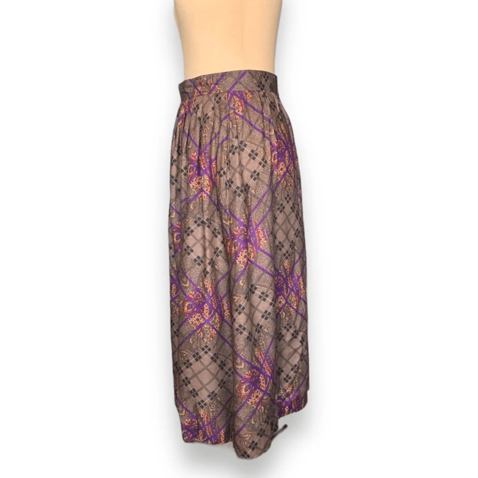 Vintage 90s Rayon Midi Skirt Taupe Purple Paisley Lattice Plaid Print High Waist Tan Size 12 - Image 3