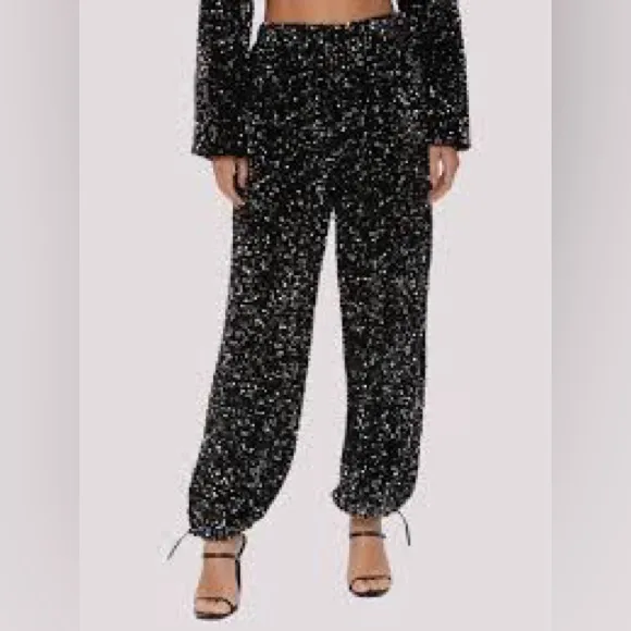 Avec Les Filled High Waist Sequin‎ Joggers, Black, Size Small  NWOT - Image 2