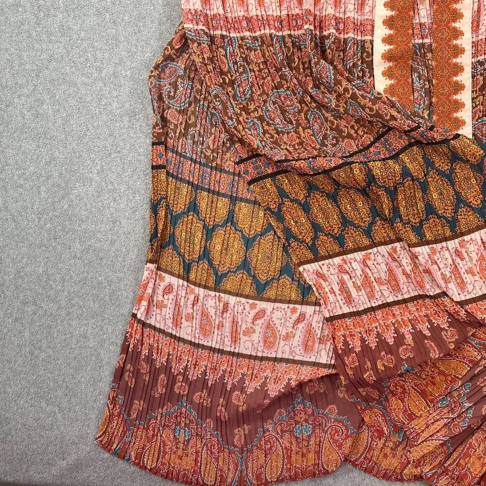 DR2 Kimono Duster Boho One Size Open Front Pleated Pink/Brown Paisley Print Pink - Image 7