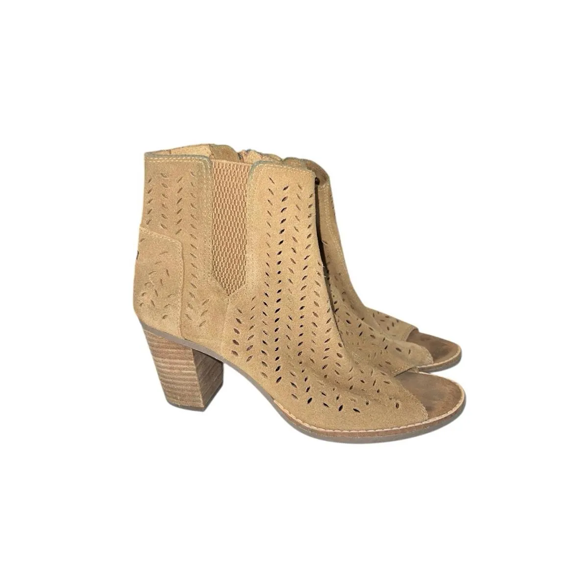 TOMS Majorca Tan Suede Peep Toe Heeled Ankle Boots Booties Womens Size 7.5 - Image 3
