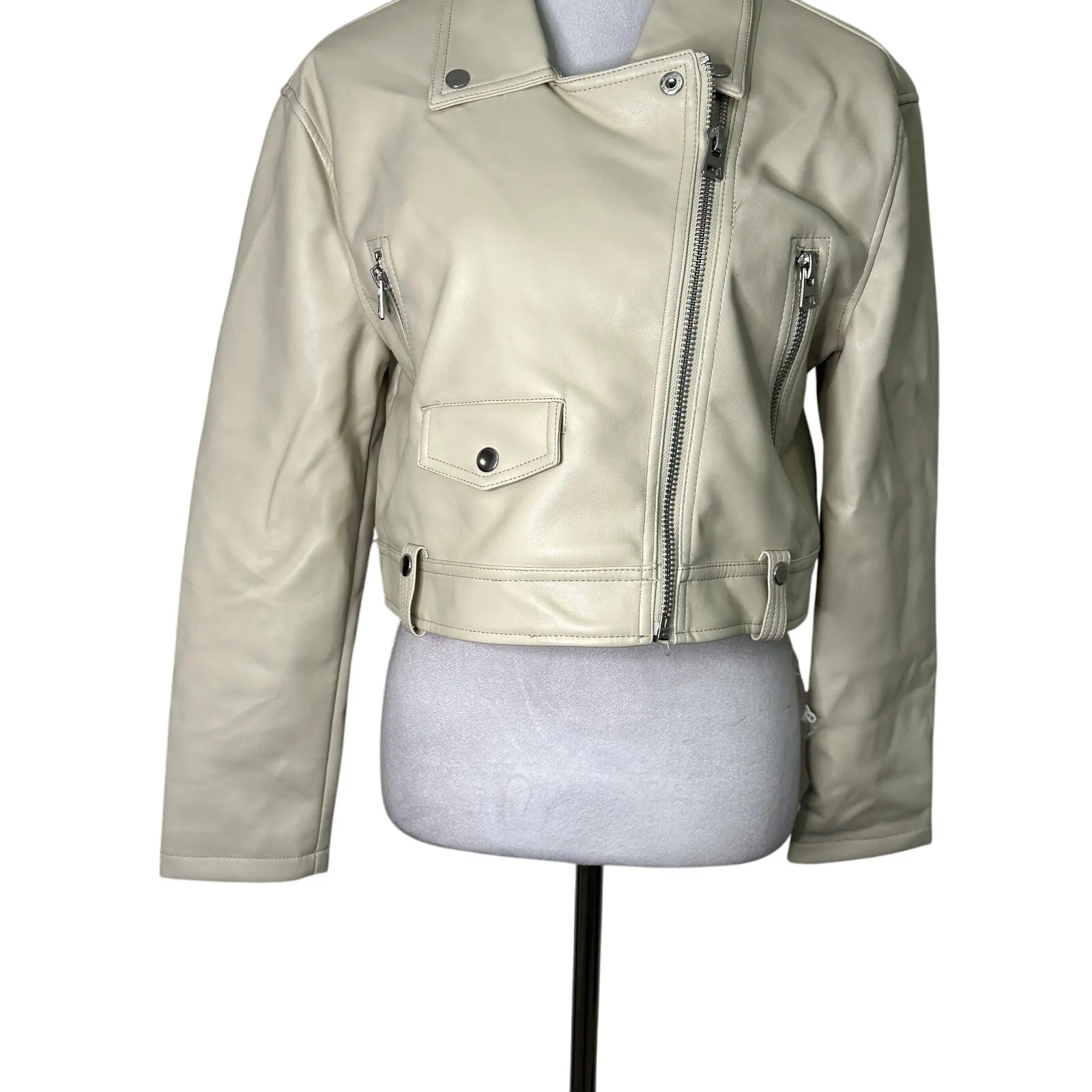 Topshop Moto Jacket Faux Leather Zipper Closure Long Sleeve Soft Cream W 2 NWOT - Image 3