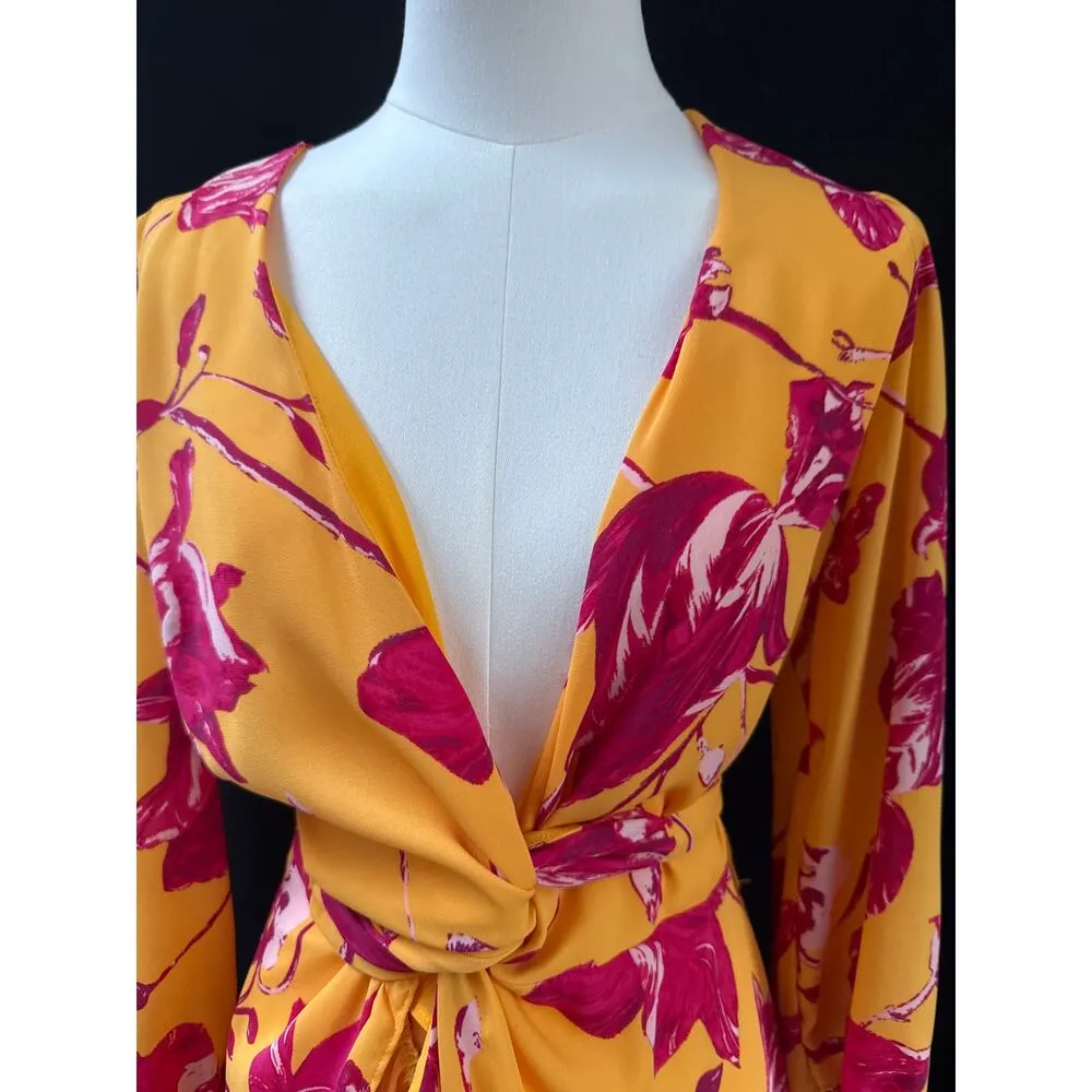 Women’s Color Me Courtney Gold & Pink Floral Wrap Dress Sz S - Image 2