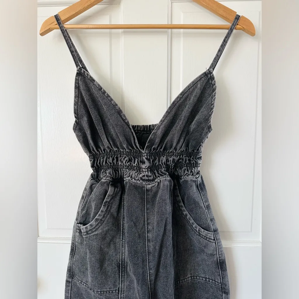 Black Denim Wide Leg Jumpsuit Spaghetti Straps V - Image 2