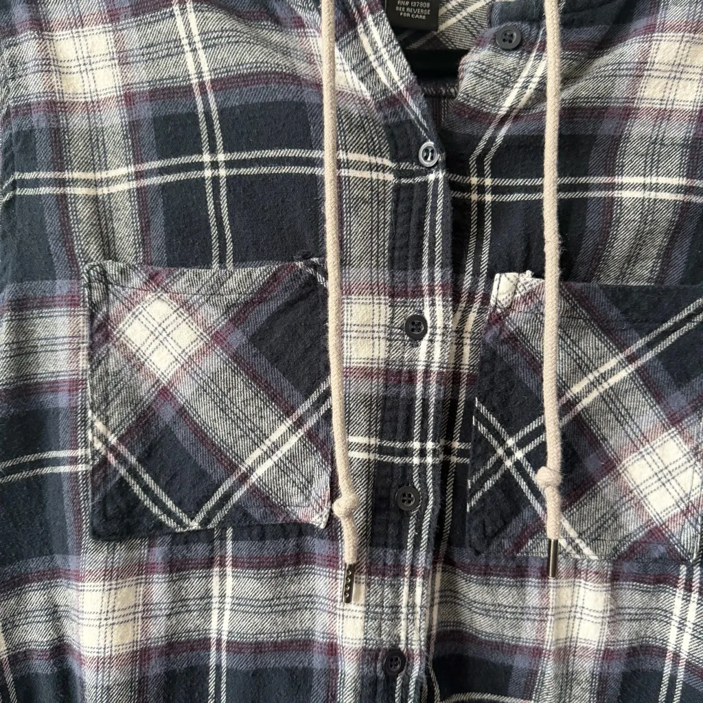 Polly & Esther Plaid Hooded Flannel Shirt in Blue and Gray Size L Juniors - Image 4