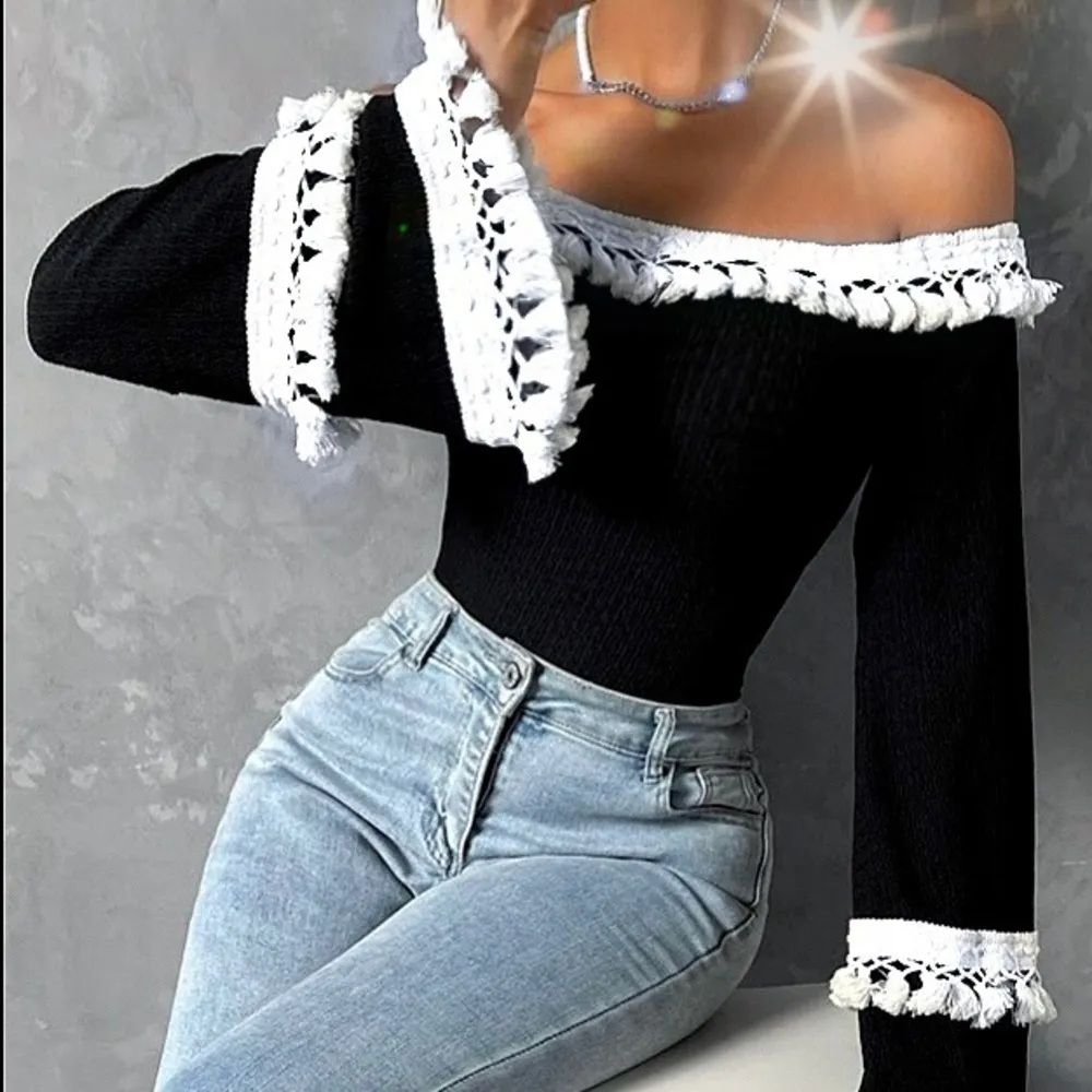 Off the Shoulder Flounce Style Sleeved Sweater Black Size M - Image 9