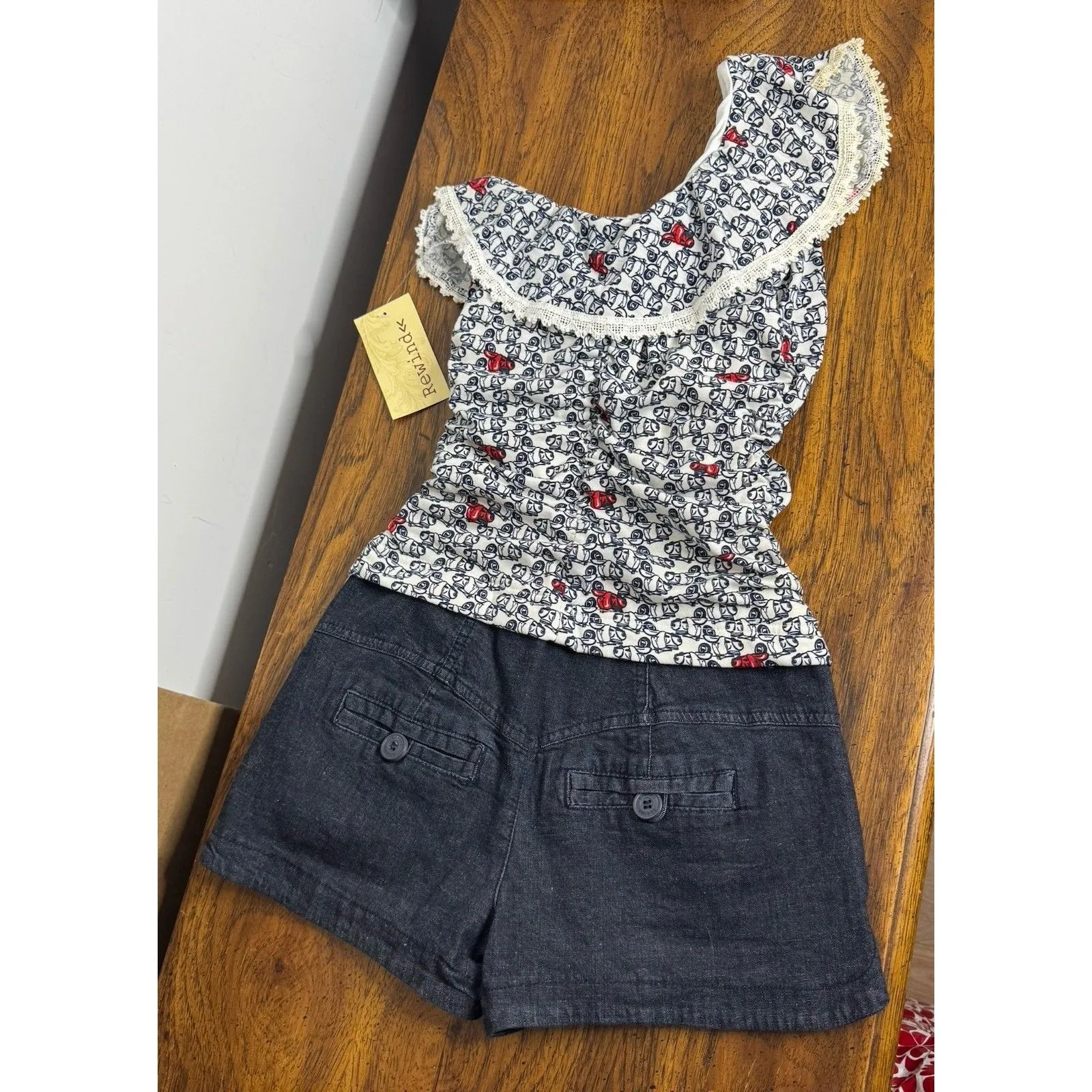 Rewind Size XS One Shoulder Romper Lace Trim Ruched Waist Denim Shorts - Image 2