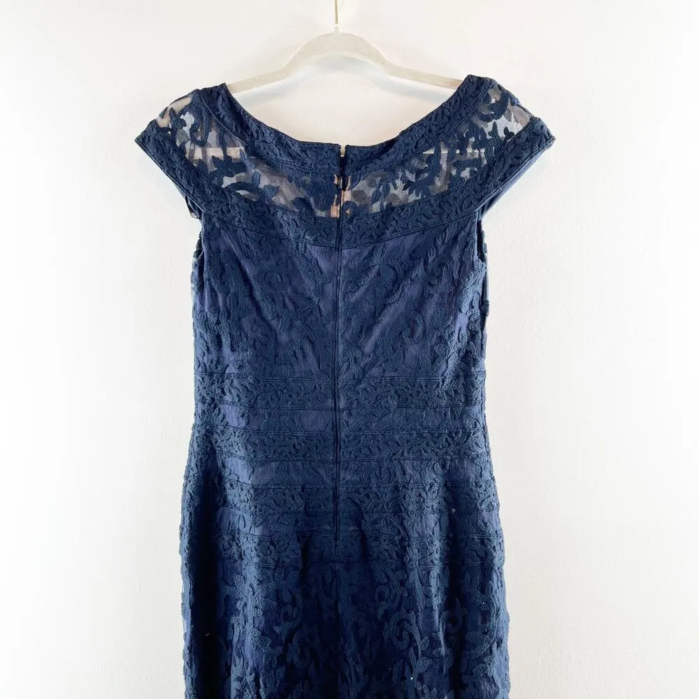 Tadashi Shoji Embroidered Banded Lace Maxi Length Gown Dress Navy Blue 4 - Image 10