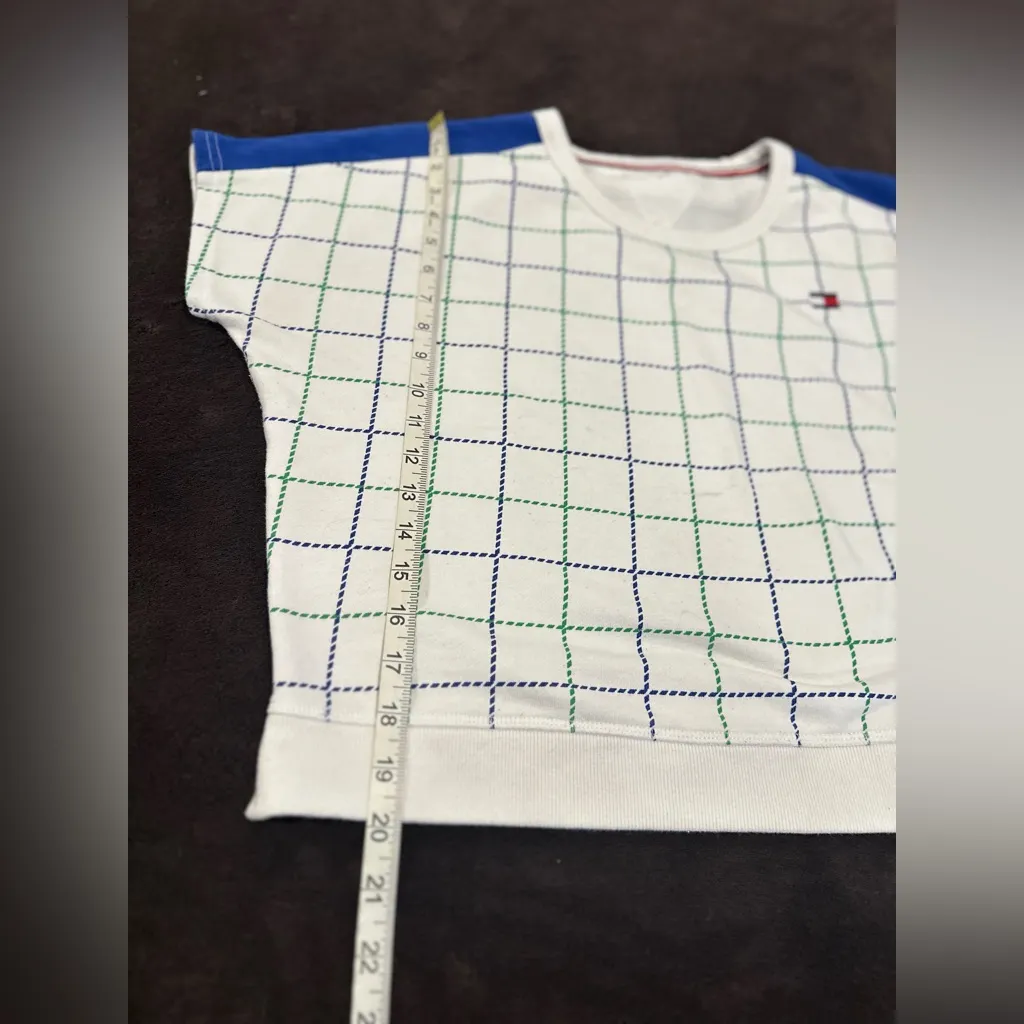 Tommy Hilfiger Sz:M Boxy Green/blue Cropped Cap Sleeve Window Pane Geometric Top - Image 4