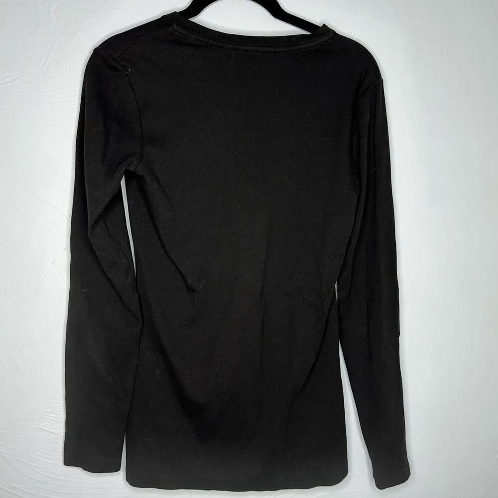Theory Ribbed Long-Sleeve Top Size Medium Black Stretch Pima Cotton Basic Shirt - Image 2