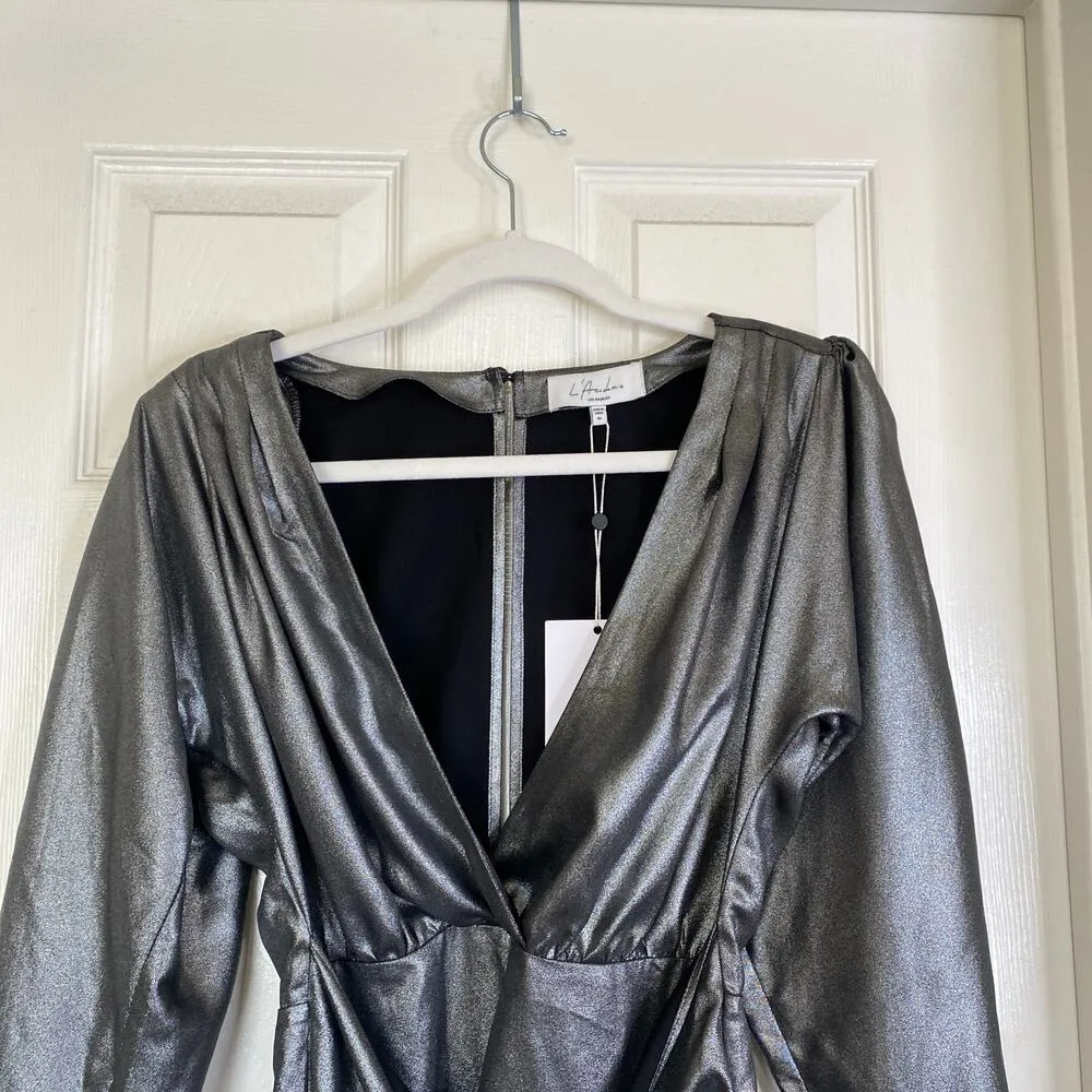 NWT L'Academie The Dore Mini Dress in Silver Size XS Metallic Long Sleeves - Image 5