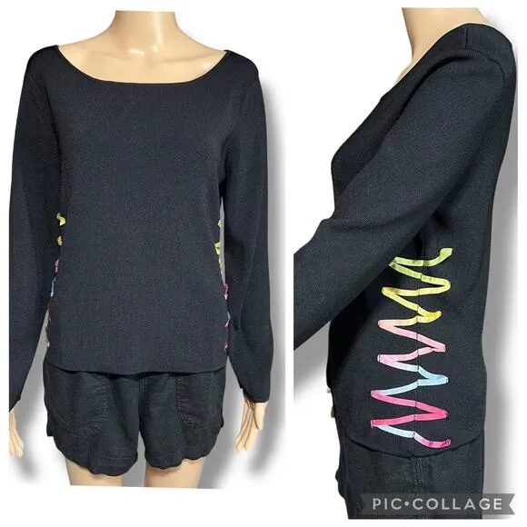 Vintage Prima Bella Womens Knit Sweater Top Boat Neck Satin Ribbon Accent Medium Black - Image 2