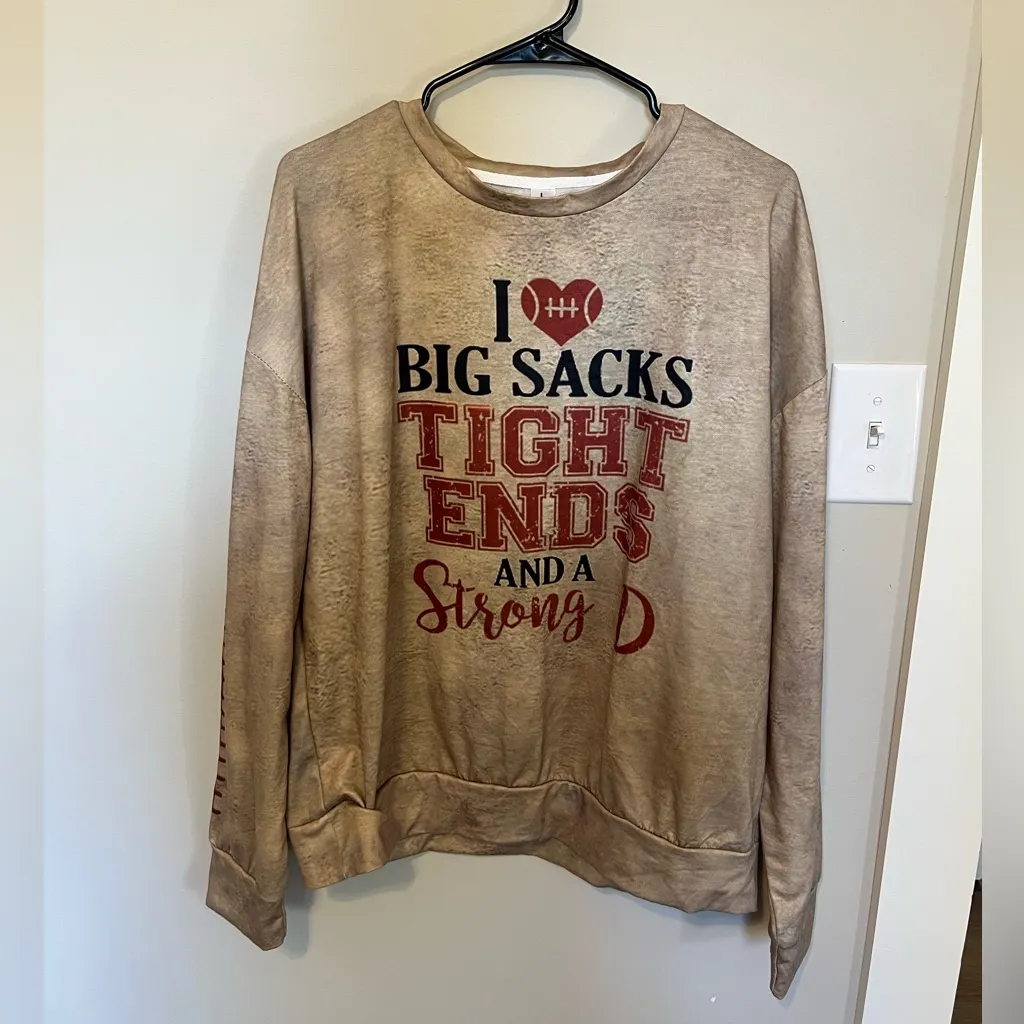 Funny Tan Graphic Sweatshirt with Red and Black Text Size L - Image 2