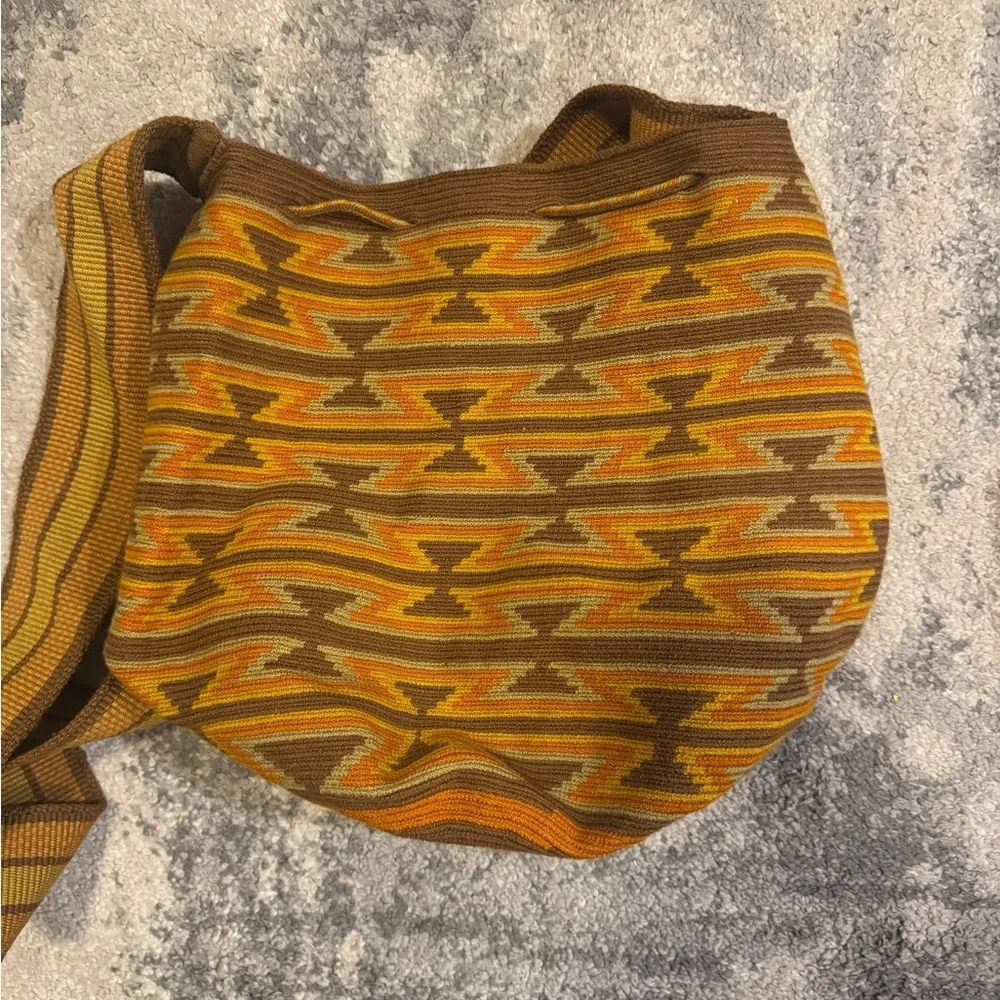 Source Unknown Yellow and Brown Crossbody Bag with Bohemian Fringe - Image 2