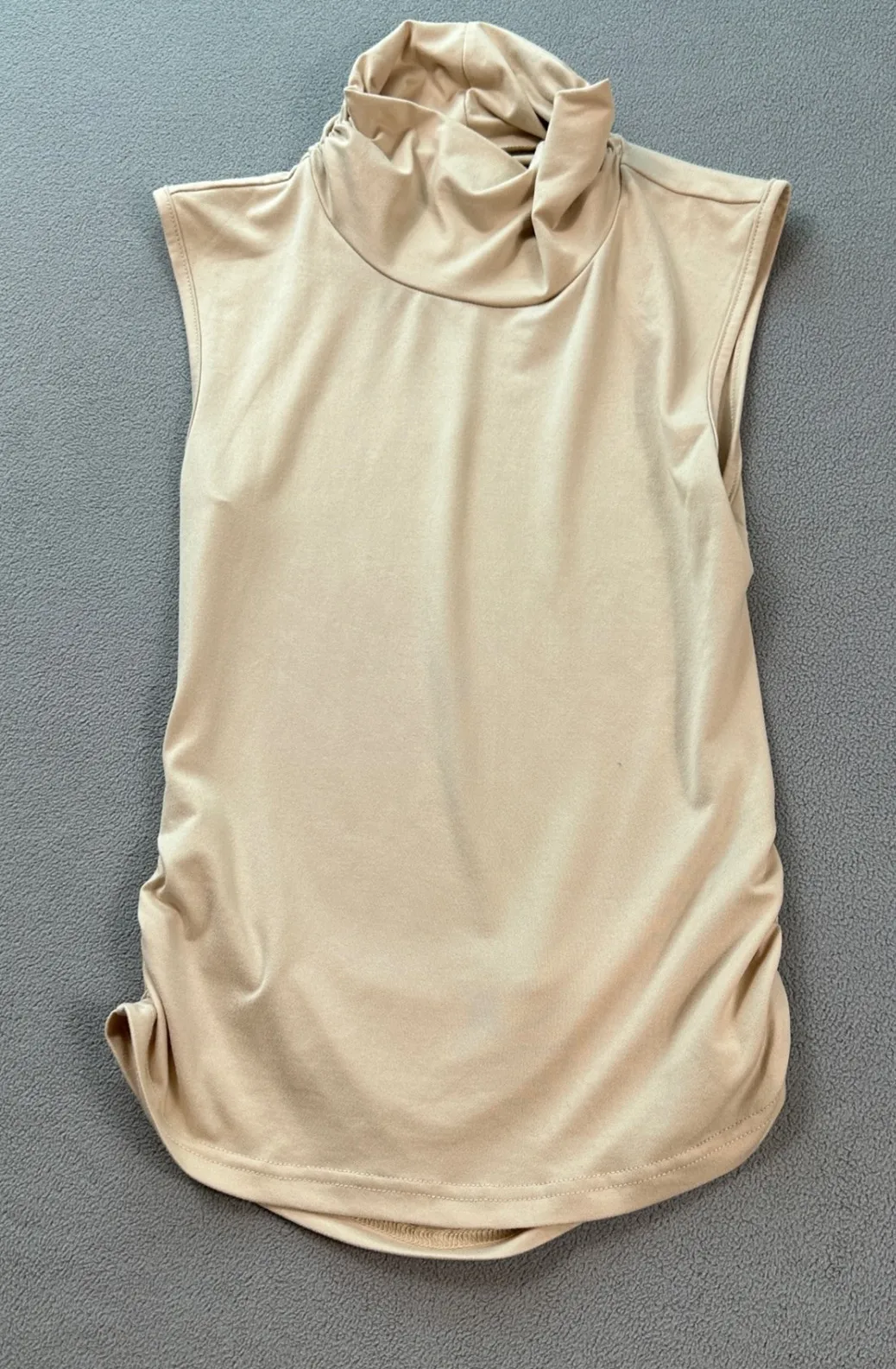 Tunic Top Sleek Sleeveless Mock Neck Ruched Sand Beige Womens Backless Tan - Image 1