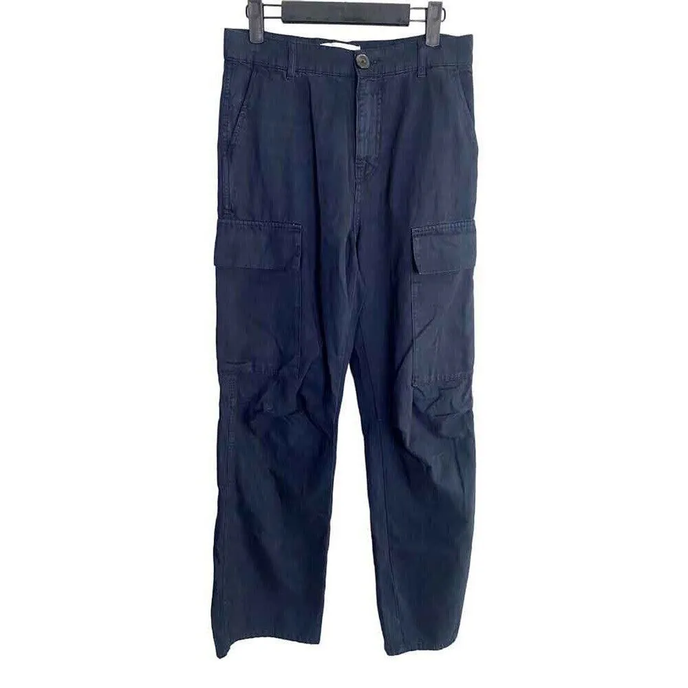 ZARA Cargo Utility High Rise Straight Leg Cotton Pants Pockets 4 Navy Blue #2208 - Image 10